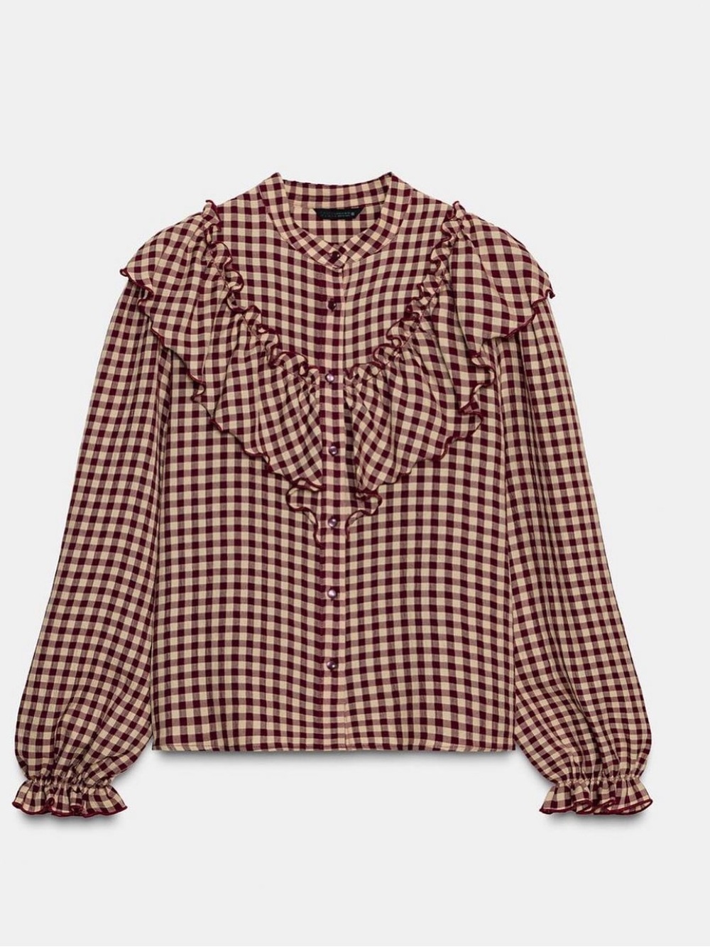 Zara Checked Ruffle Blouse Small Burgundy/ Tan - Picture 6 of 10